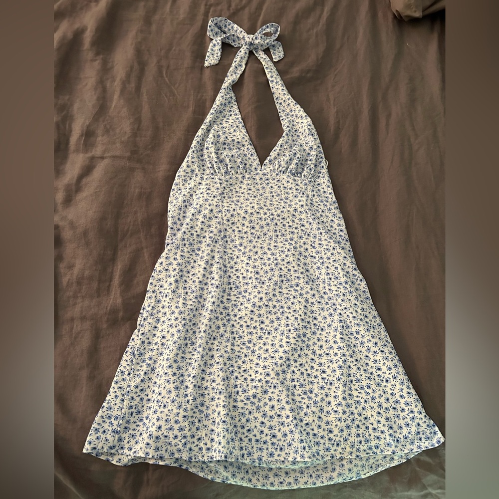 blue floral halter neck mini dress